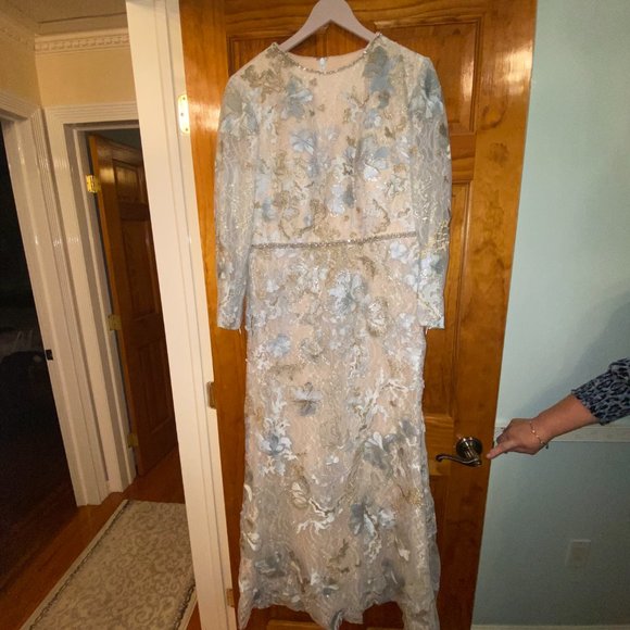 Mac Duggal - 11174 Long Sleeve Floral Accented Long Gown in Ice Blue - Picture 8 of 10